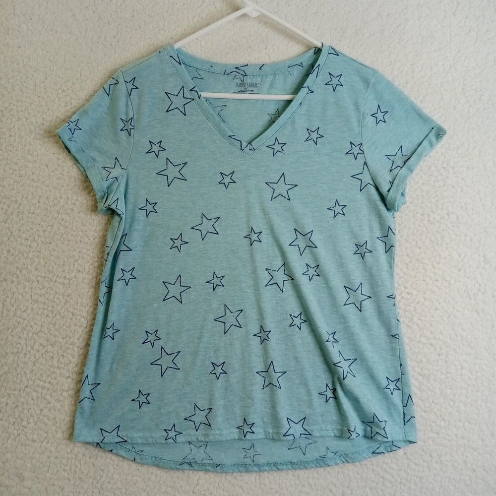 Jasmine and Ginger Womens‎ Top Large Short Sleeve Blue Stars PolyCotton